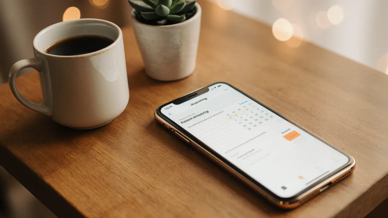 Daily reflection journaling app on Android phone on a warm wooden desk
