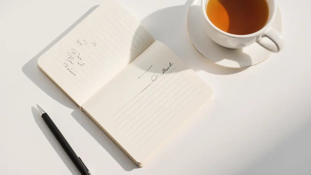 Open notebook with handwritten journal entries on a clean white desk with morning light