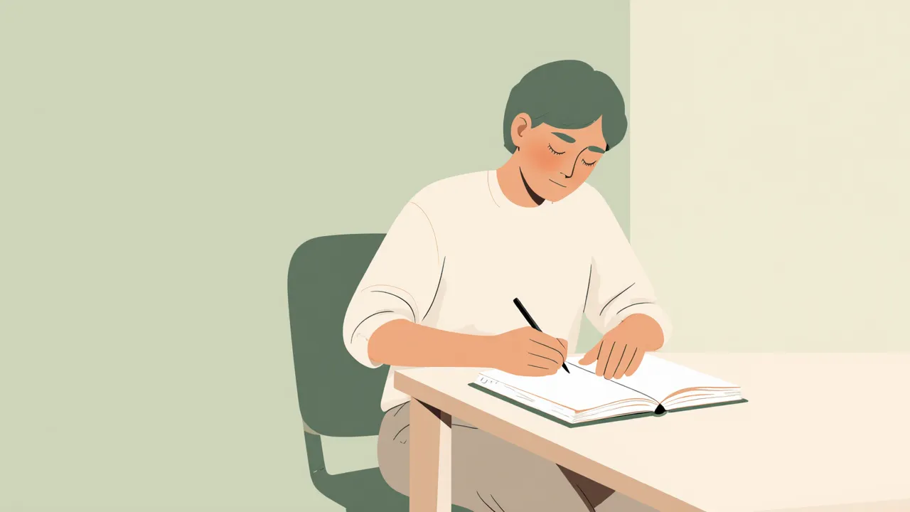 Minimalist illustration of a person writing in a journal at a clean desk
