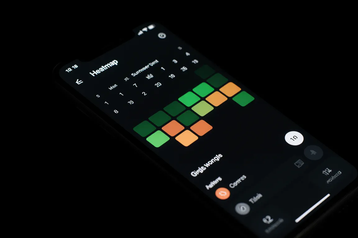 Fitness heatmap calendar showing workout consistency on a dark mobile app