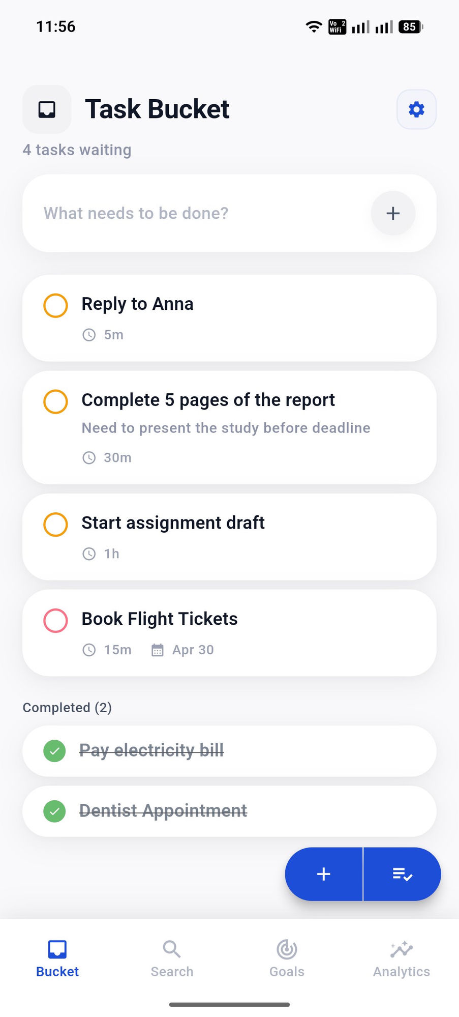 Task Bucket main screen
