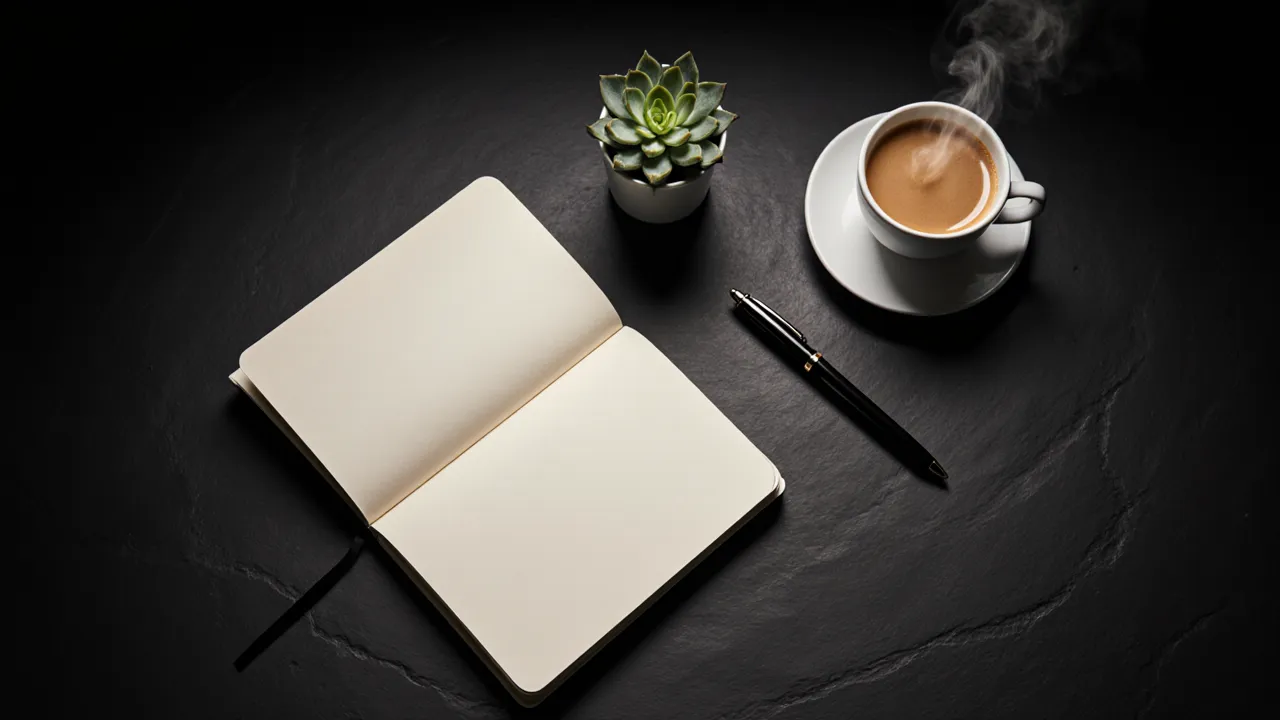 Flat-lay of journal, pen and coffee on dark desk