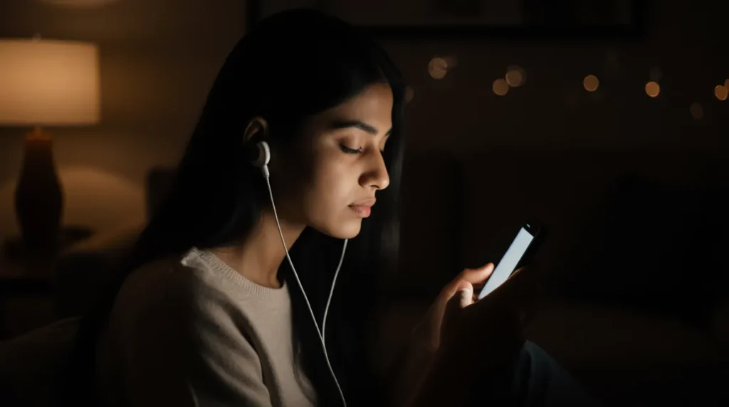 Young woman practicing English pronunciation using an Android phone with earphones