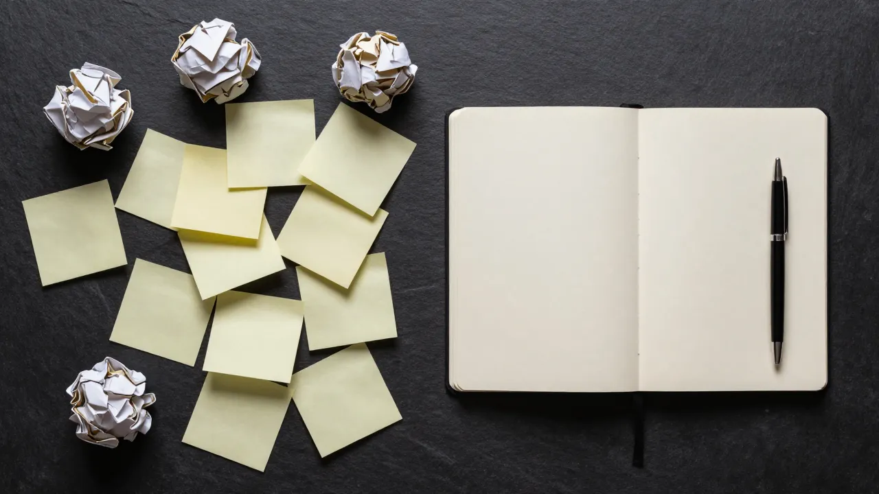 Chaotic sticky notes and crumpled paper on the left, a single clean notebook on the right — complexity vs simplicity