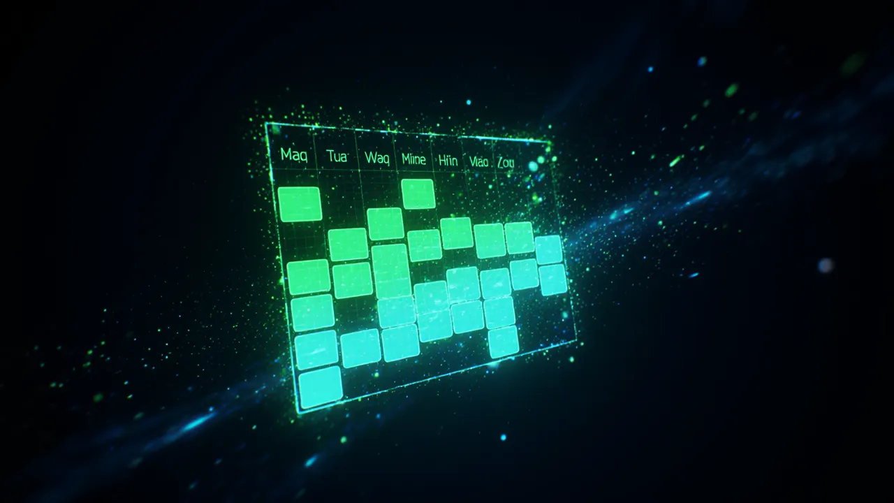 Visual workout heatmap consistency calendar — neon green progress grid