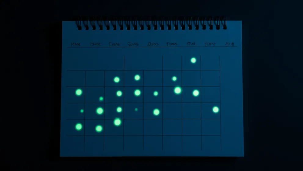 Monthly attendance calendar view on dark background