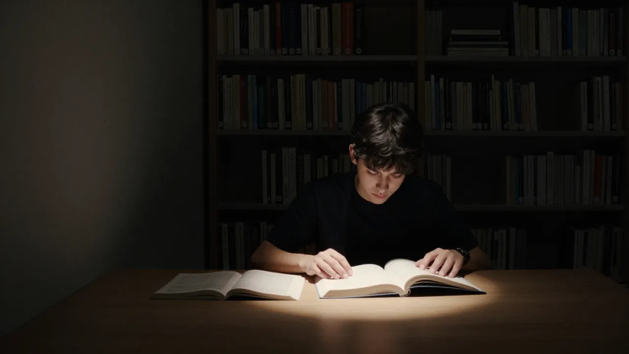 Student focused and reading at library desk
