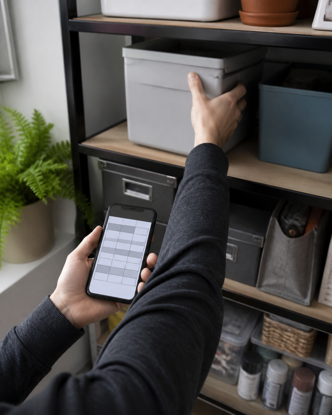 A person checking a simple table on an iPhone while reaching for a storage box on shelves