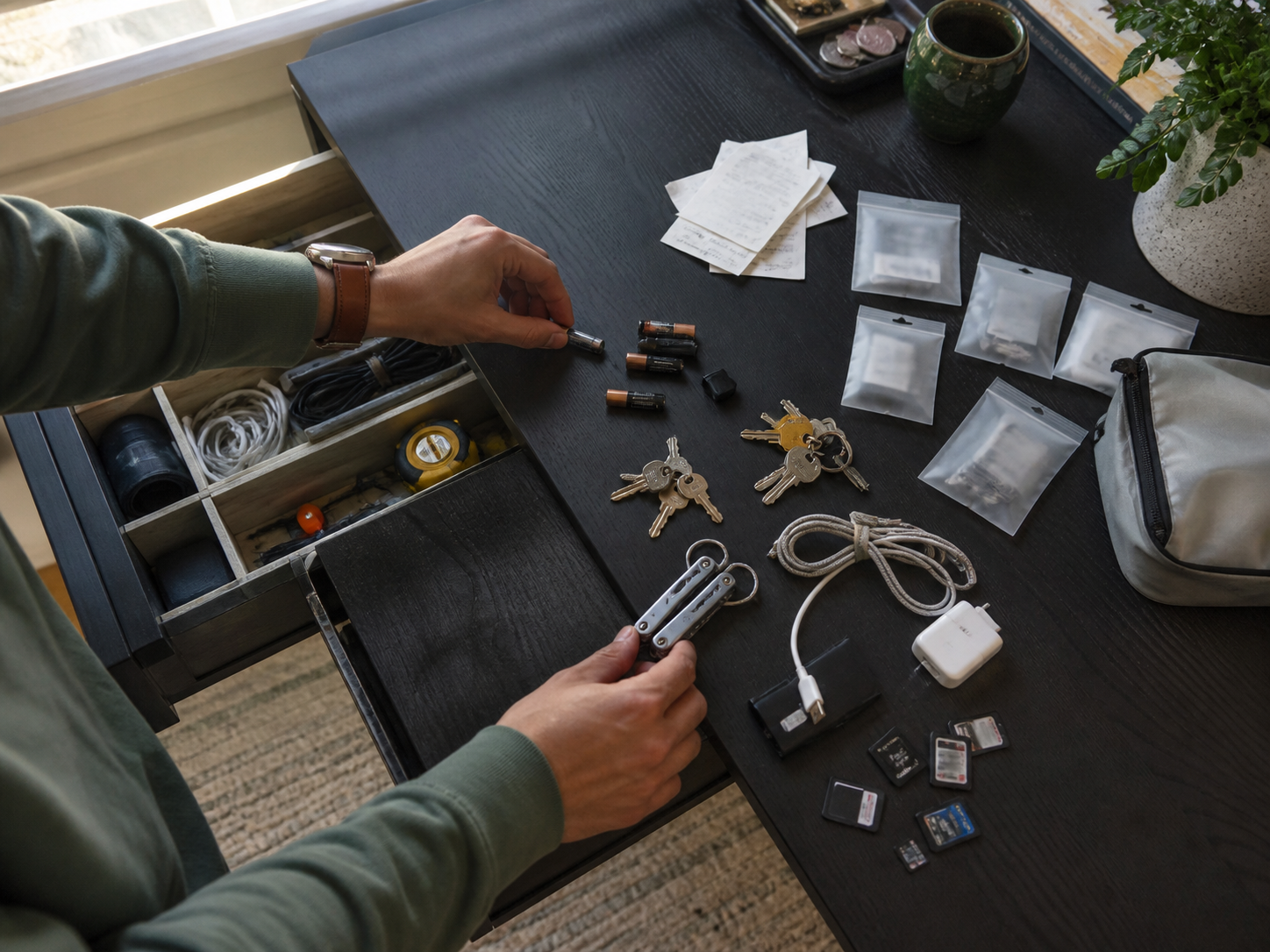 A person sorting batteries, keys, cables, memory cards, and small household items on a dark table