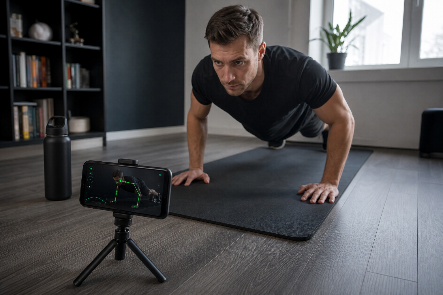 iPhone on a tripod tracking a pushup workout at home
