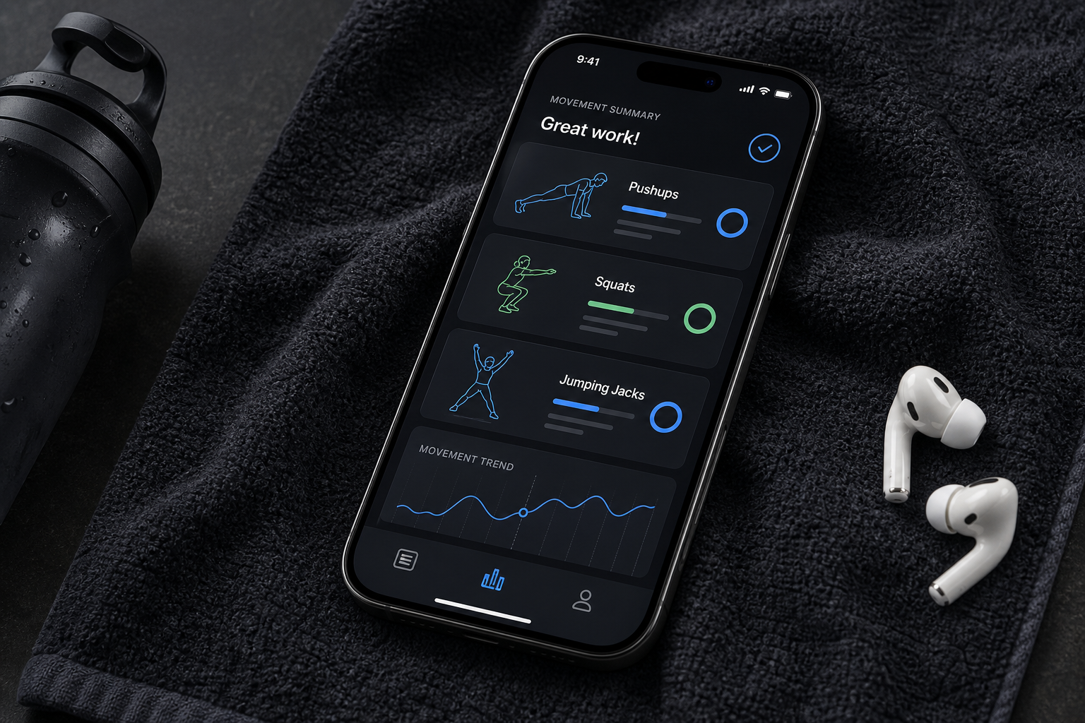 Dark iPhone workout summary interface for pushups squats and jumping jacks