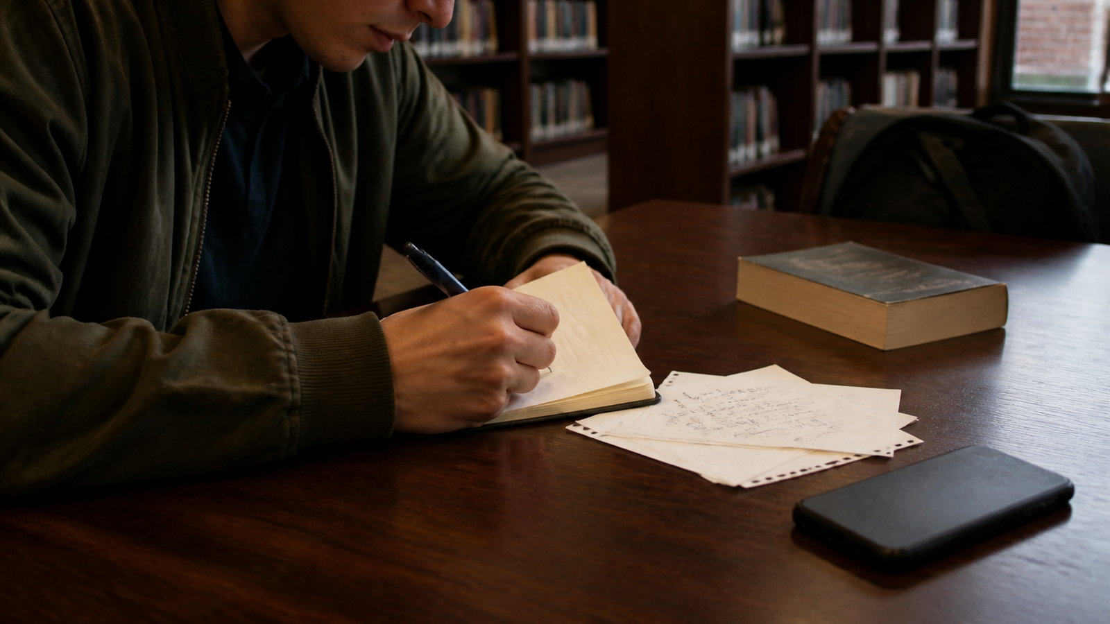 A student writes a quick note in a pocket notebook at a library table with a phone nearby
