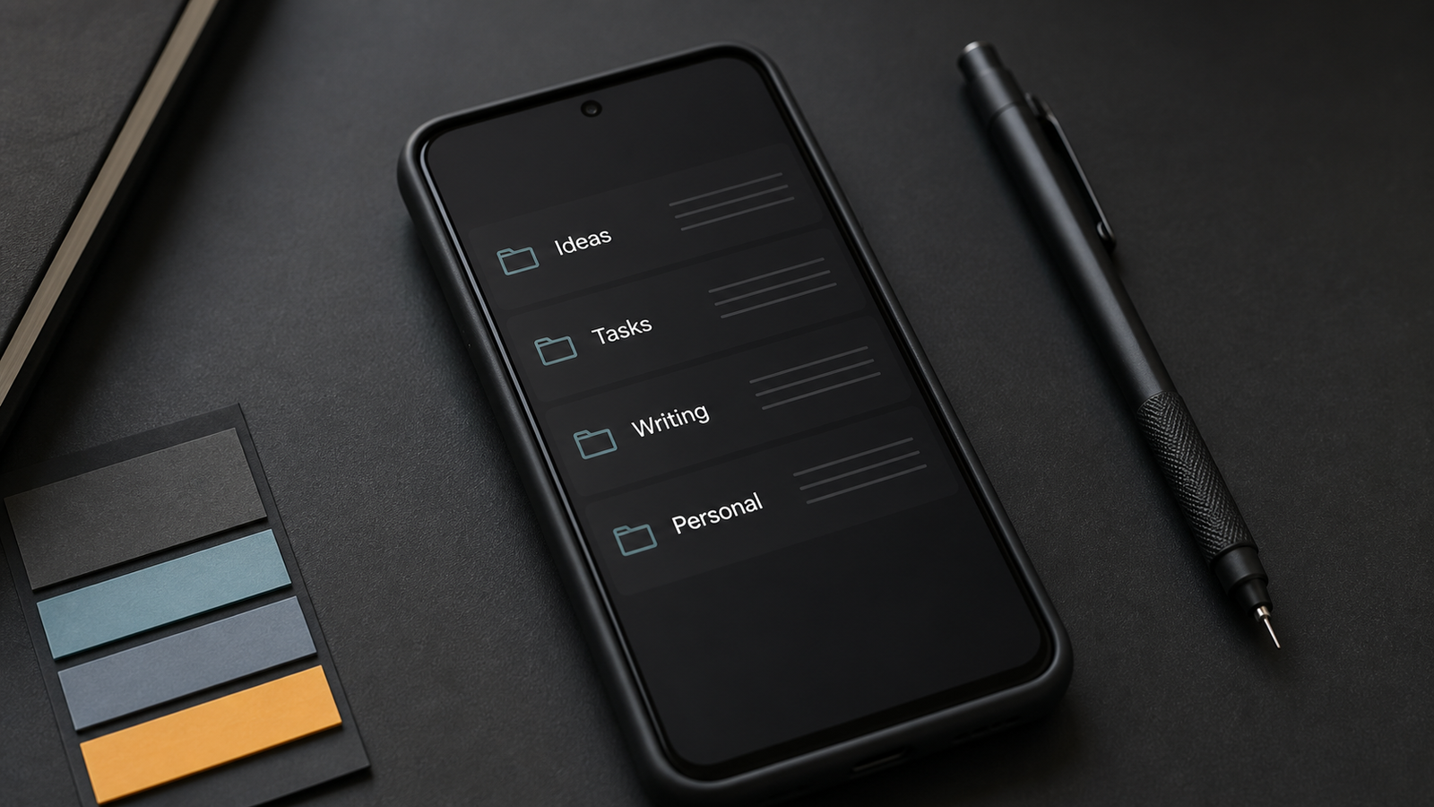 Android phone with simple dark-mode note folders named Ideas, Tasks, Writing, and Personal
