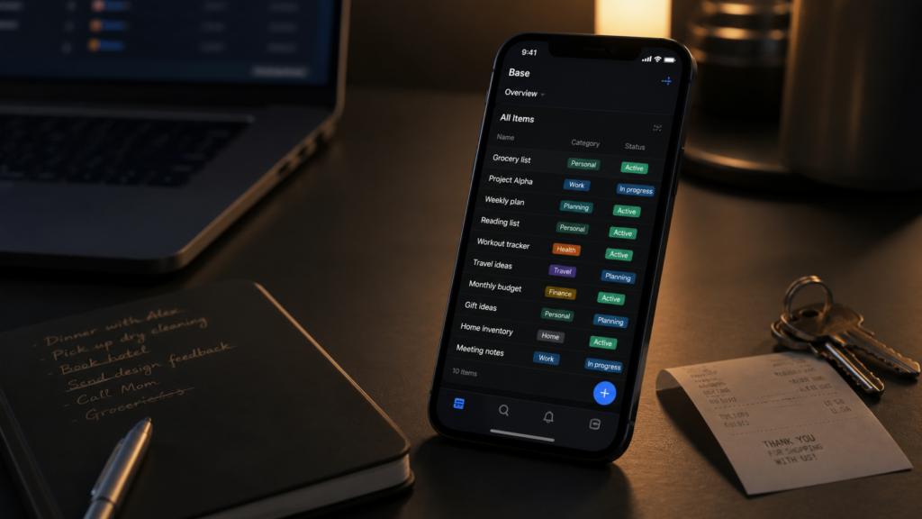 iPhone on a dark desk showing an organized personal database table