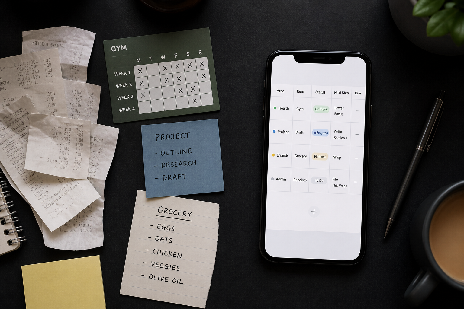 Scattered receipts and notes beside an iPhone with a clean tracking table