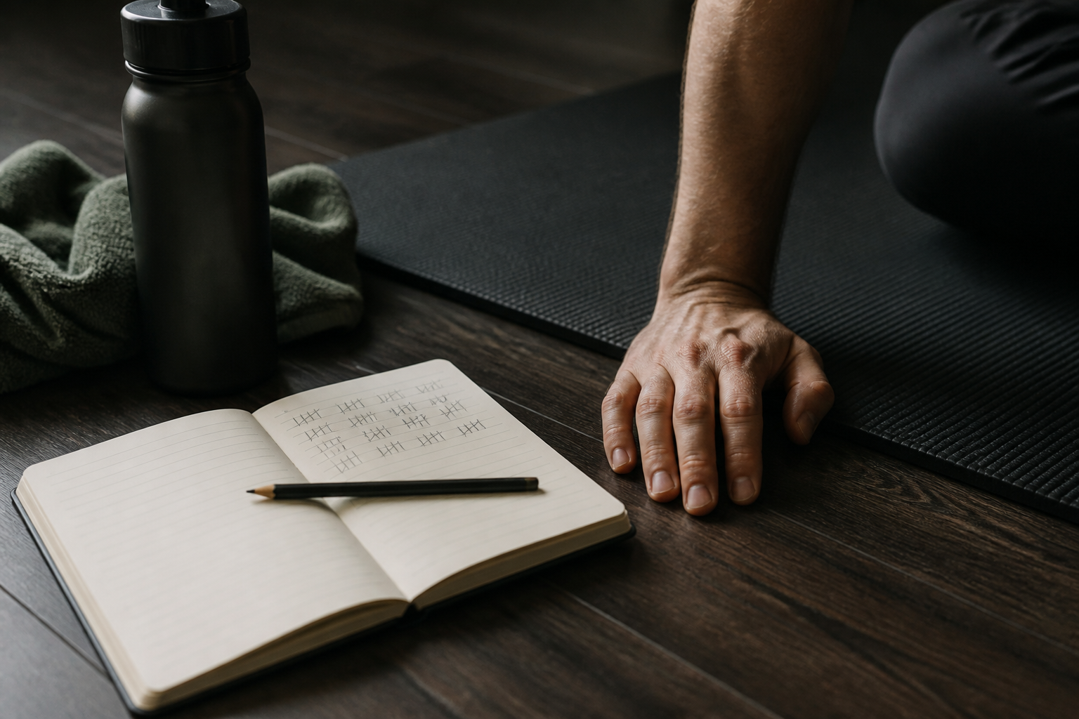 Notebook tally marks beside a workout mat after a home exercise set