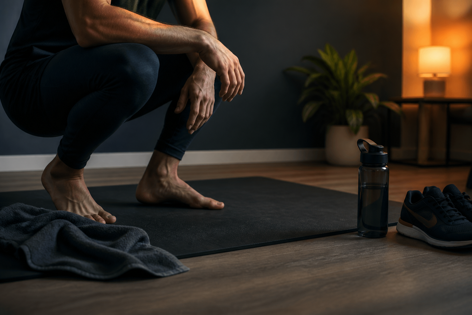 Quiet home workout reset moment after a completed bodyweight session
