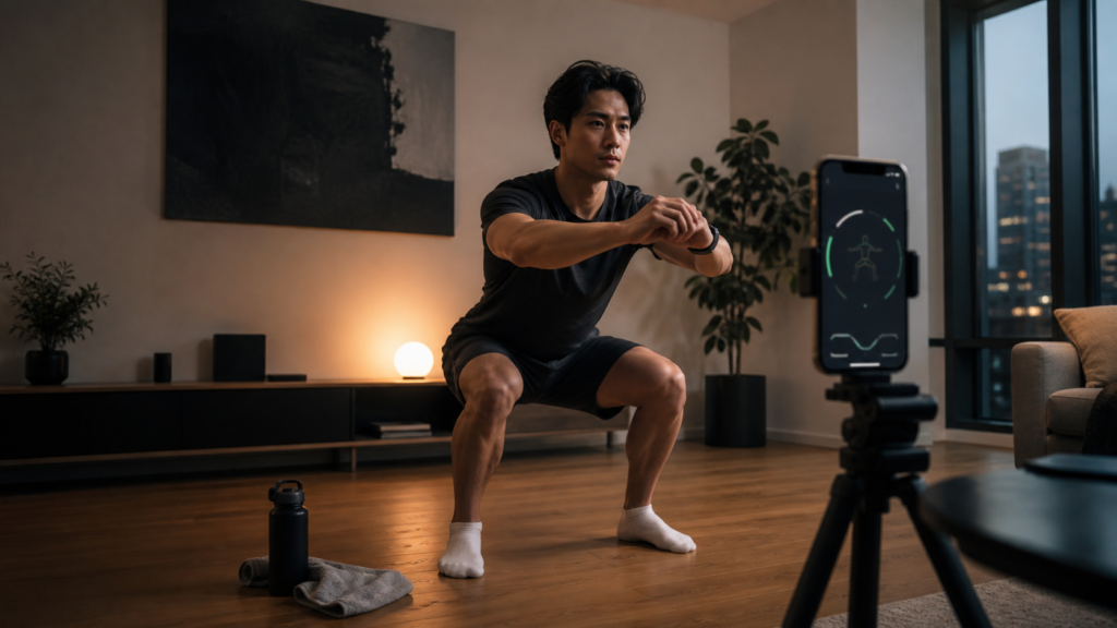 Person doing squats at home while an iPhone tracks reps