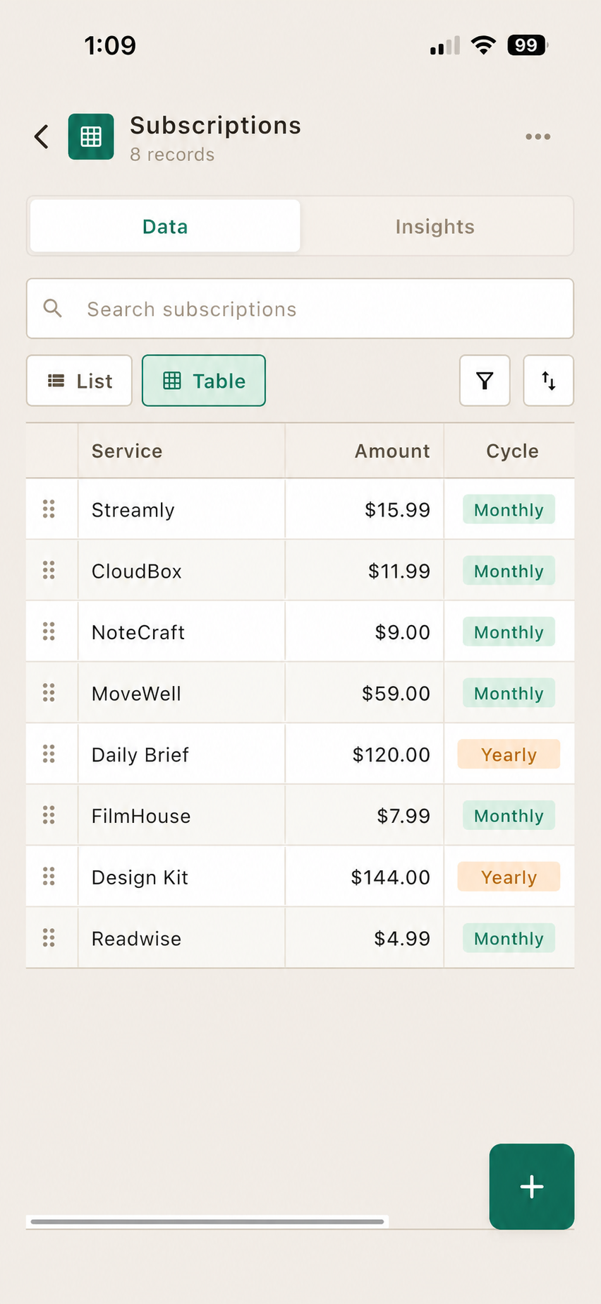 Pocket Tables interface preview