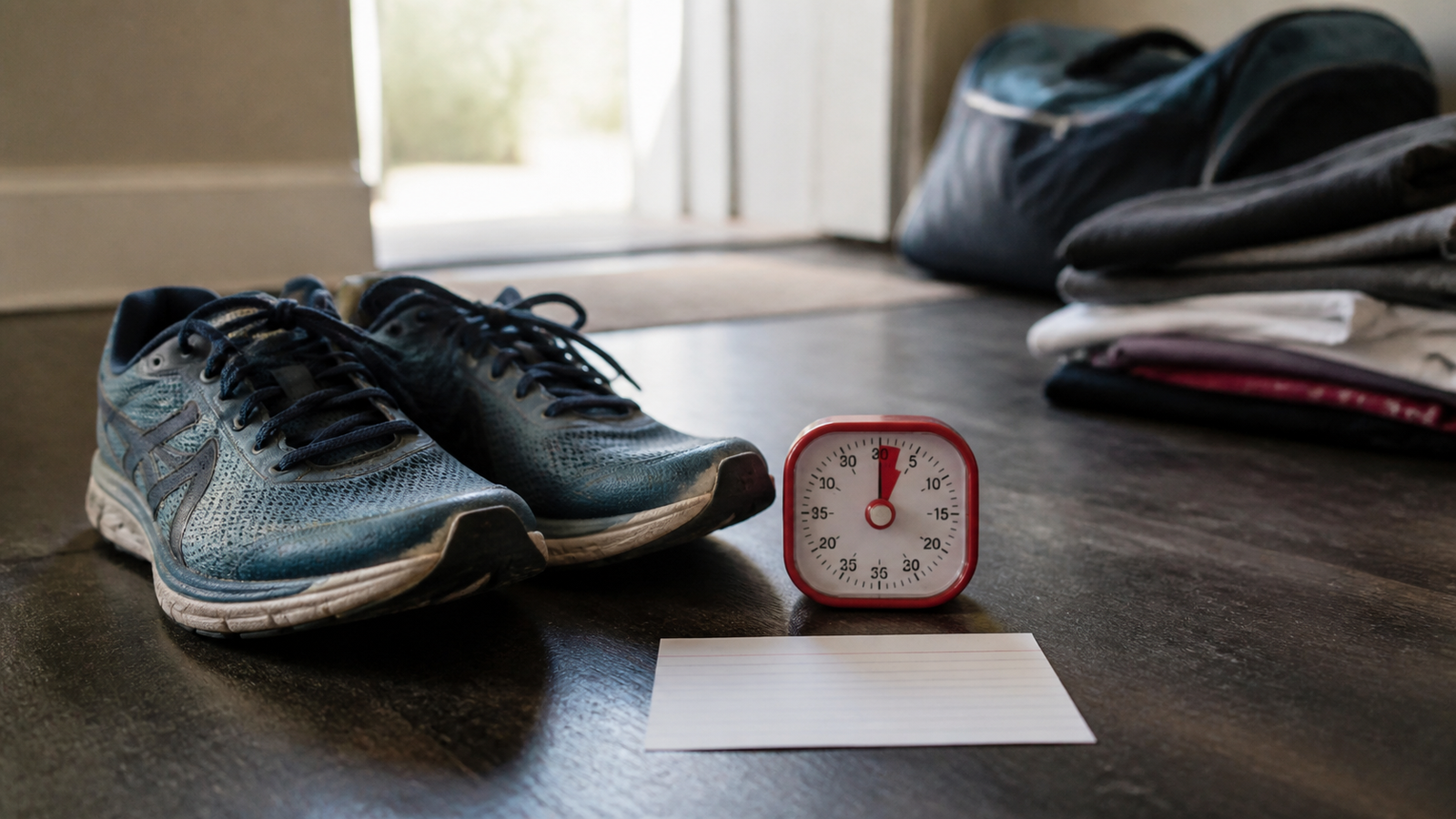 Running shoes, an analog timer, and a blank index card by an apartment doorway