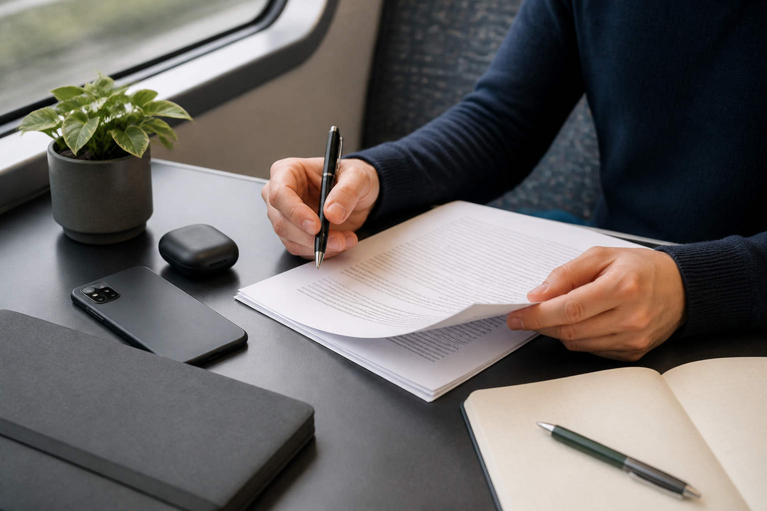 Person reviewing a document draft at a travel table with phone face down
