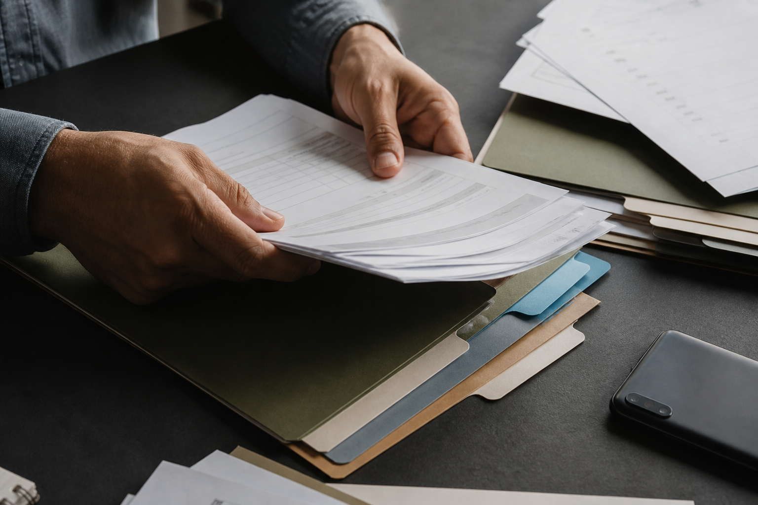 Hands organizing local documents into folders on a dark desk