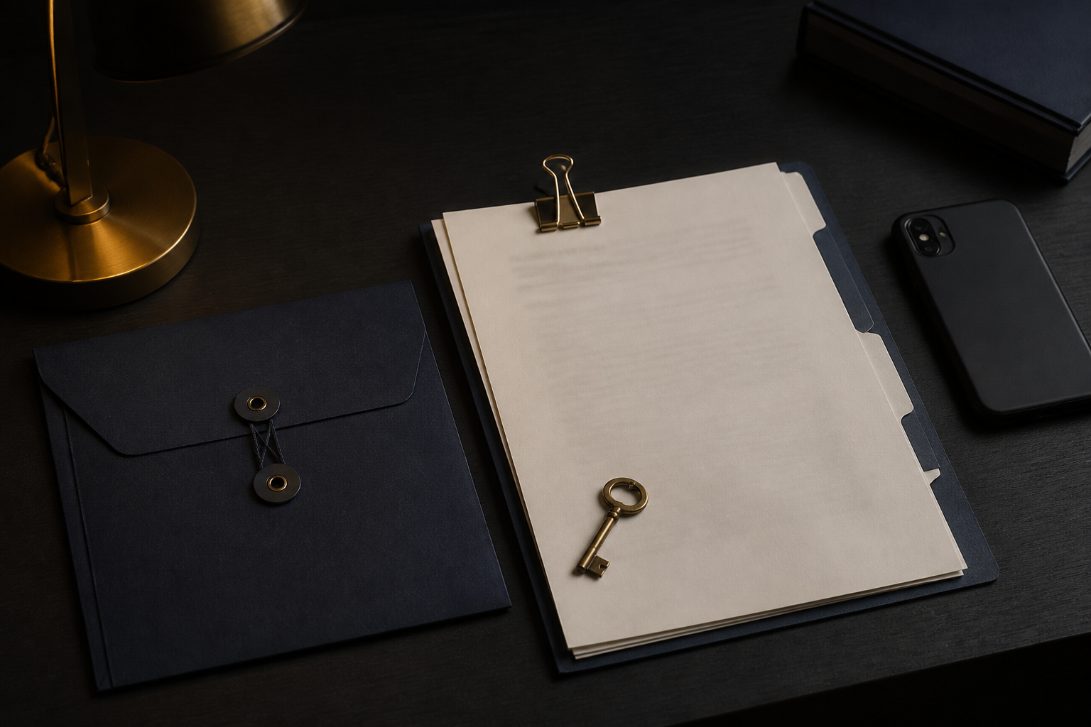 Private documents, envelope, and key arranged on a dark desk