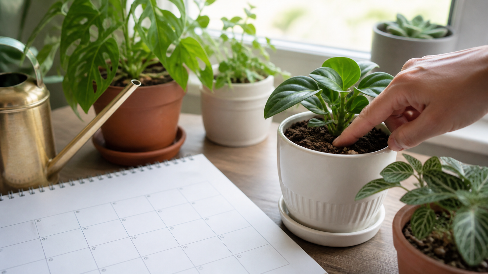A monthly calendar beside houseplants while a hand checks soil moisture before watering