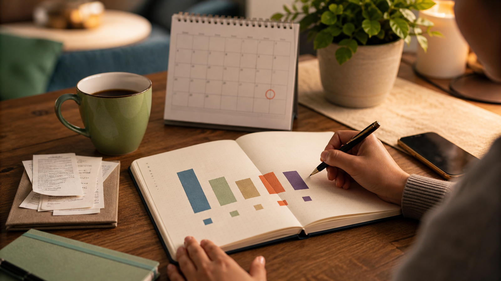 Notebook with simple colored monthly spending bars beside receipts, calendar, phone, and coffee