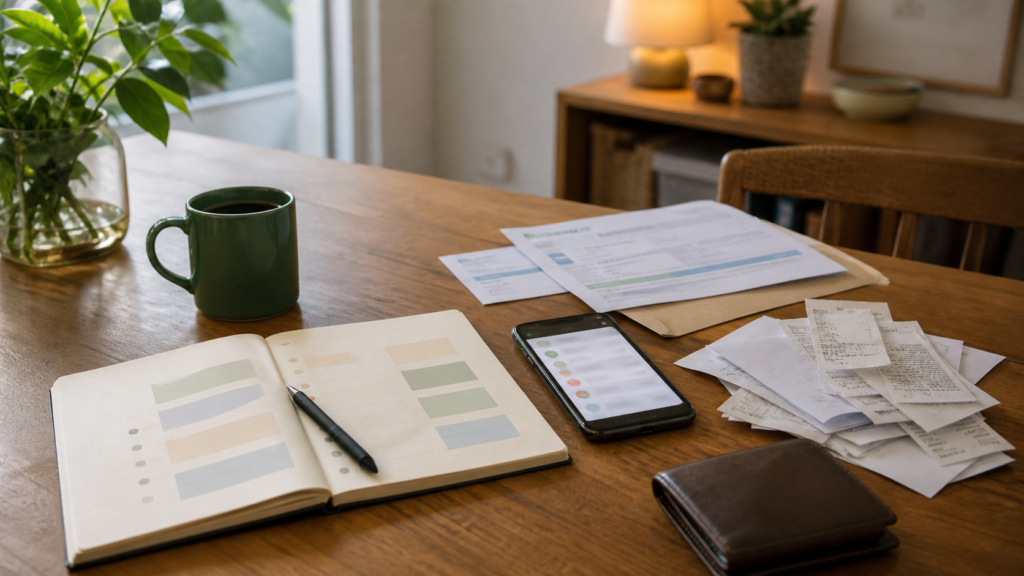 Home table with receipts, bills, wallet, notebook, and phone for simple monthly expense tracking