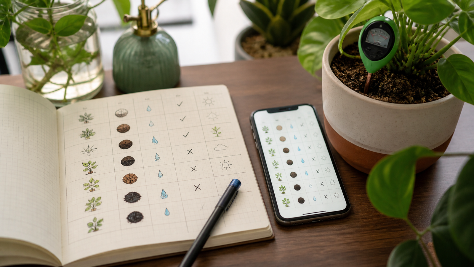 A plant care log, phone, soil meter, and potted plant arranged on a desk