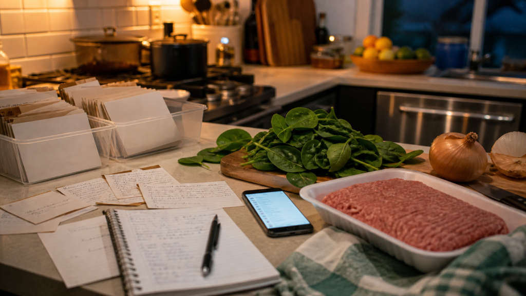 Evening kitchen counter with dinner ingredients, recipe cards, notebook, and phone