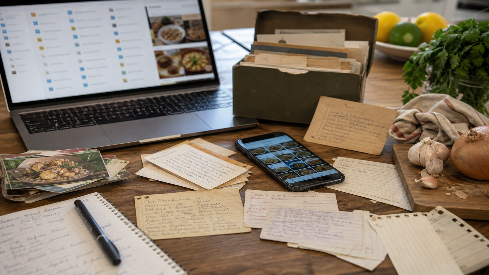 Scattered recipe sources including handwritten cards, phone photos, browser bookmarks, and kitchen ingredients