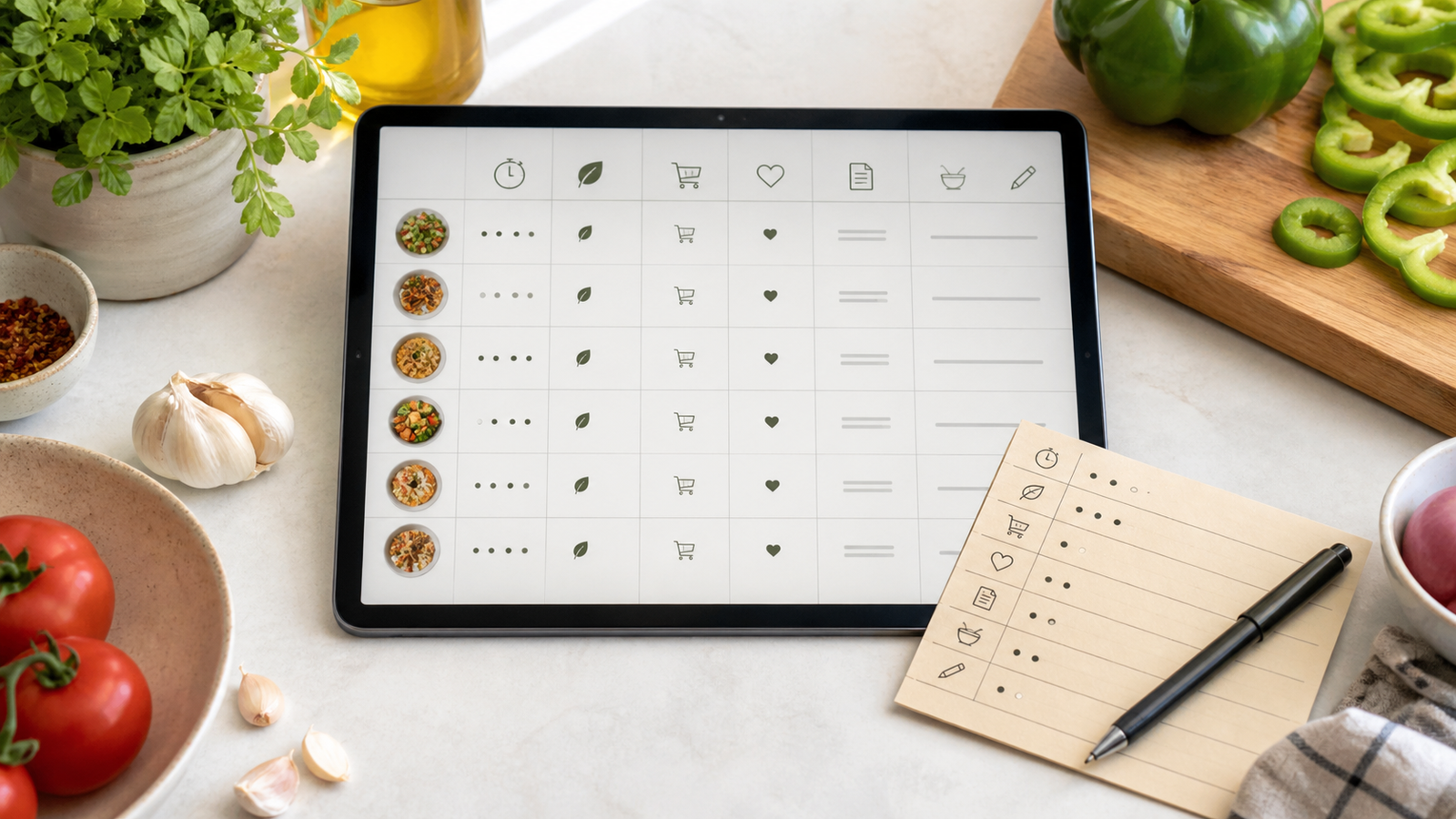 A structured recipe table on a tablet beside cooking ingredients and a handwritten note