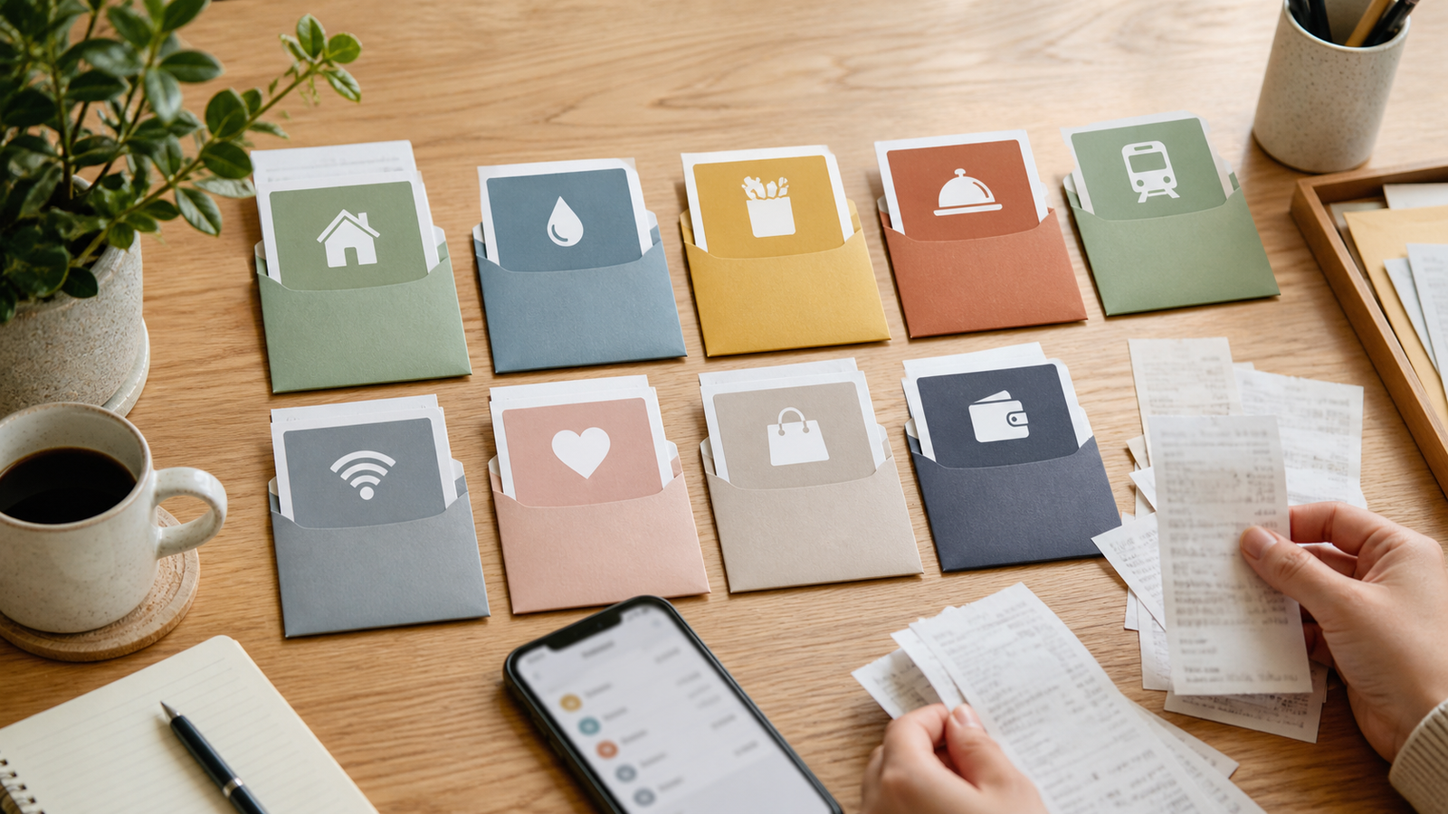 Receipts being sorted into a small set of broad colored monthly expense category envelopes