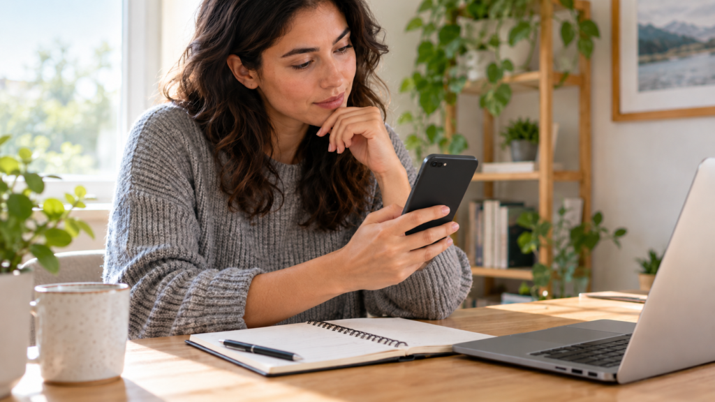 A person looks at a phone screen beside a notebook and laptop