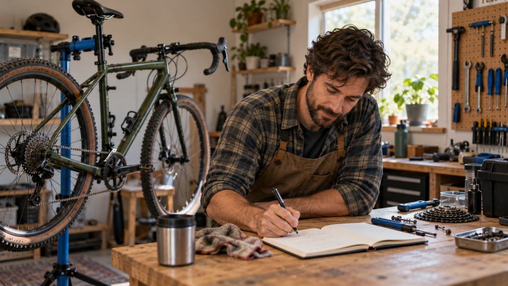 A person writes project notes beside a bicycle on a repair stand
