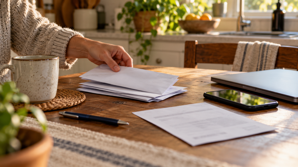 A person sorts paper bills beside a phone and laptop on a kitchen table