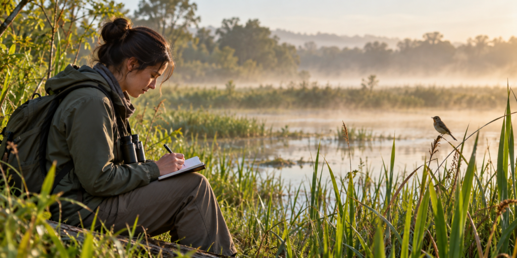 A birdwatcher writes field notes beside a wetland at dawn
