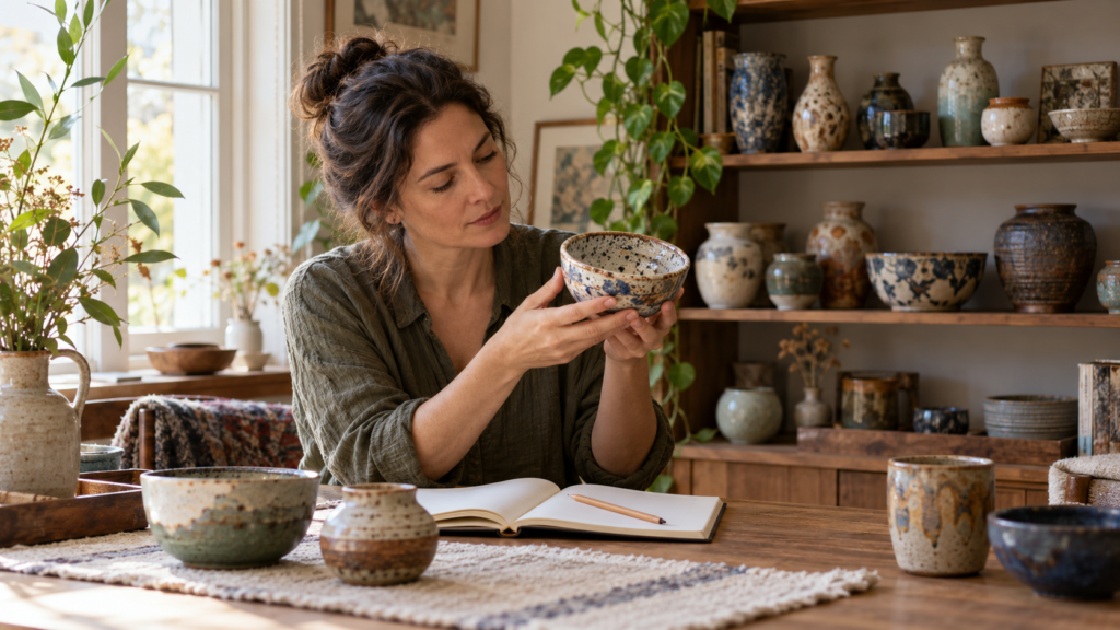 A person examines a ceramic bowl beside a notebook and a collection of pottery