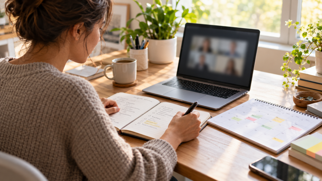 A freelancer writes client work notes beside a laptop and calendar