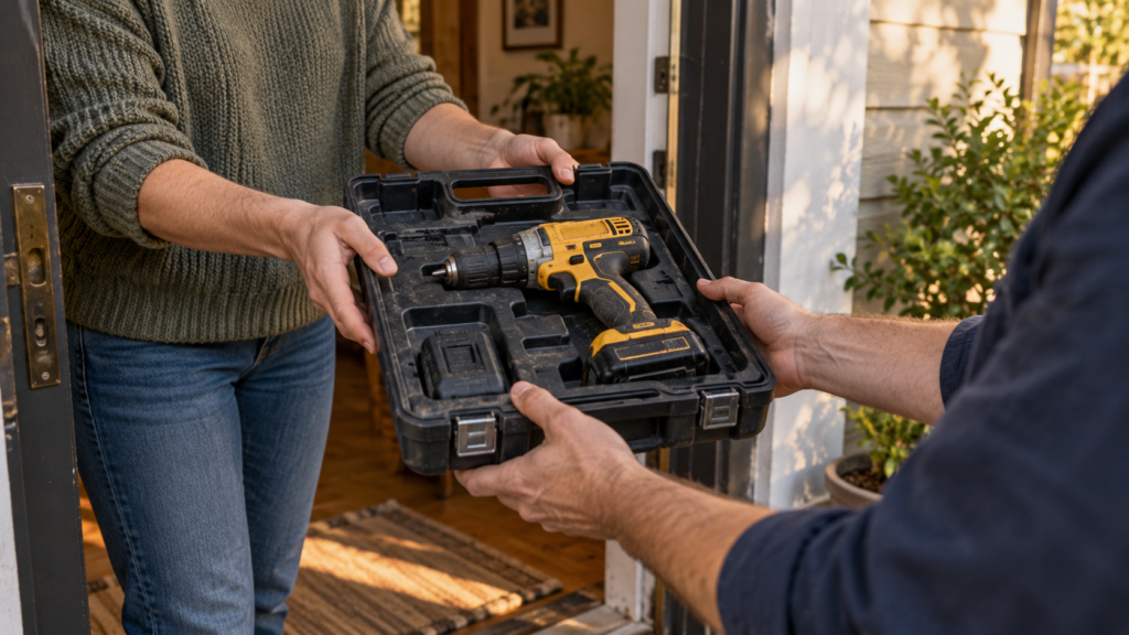 One person hands a cordless drill in its case to another at a doorway