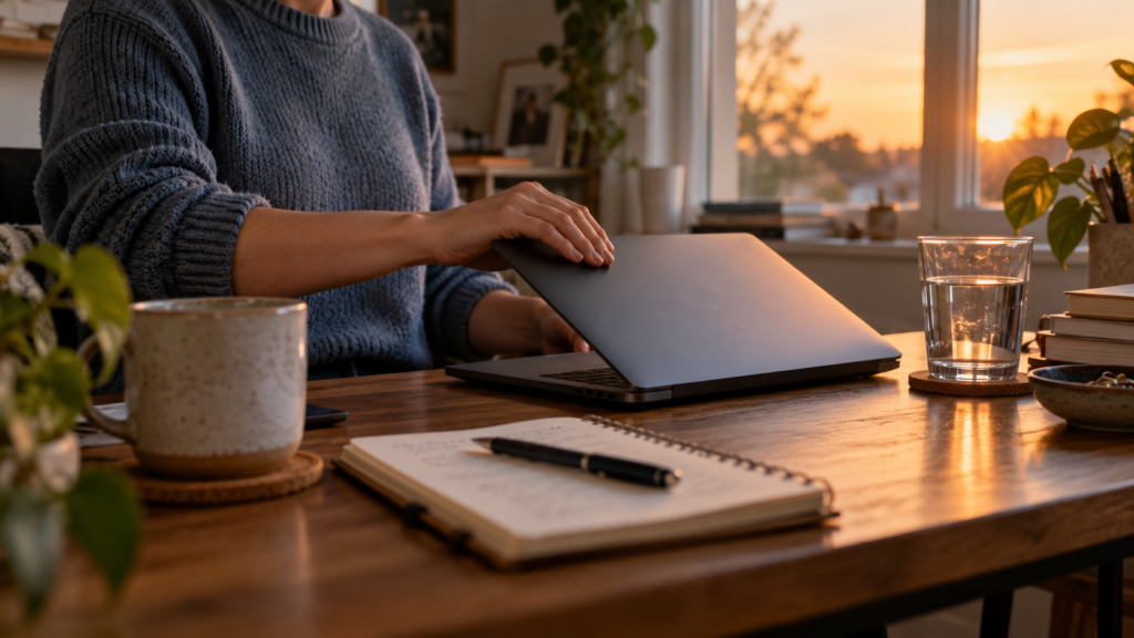A person closes a laptop beside a notebook at the end of a workday