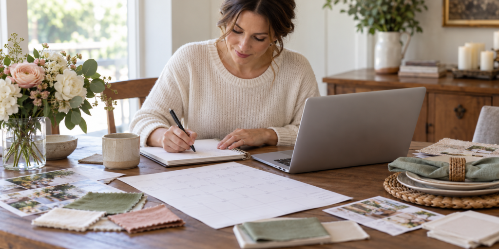 A person plans a celebration with a calendar, notes and place settings