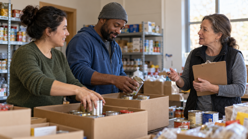 Volunteers sort food donations while a coordinator holds a clipboard