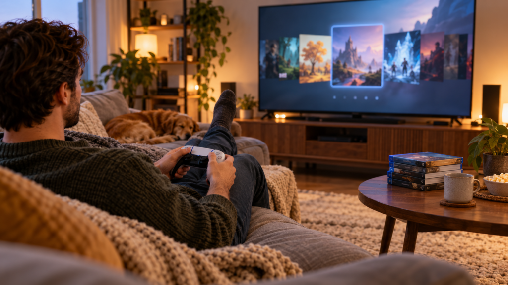 A person chooses a game from a home console menu
