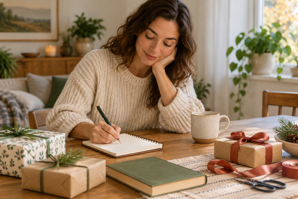 A person writes gift ideas beside wrapped presents and a book