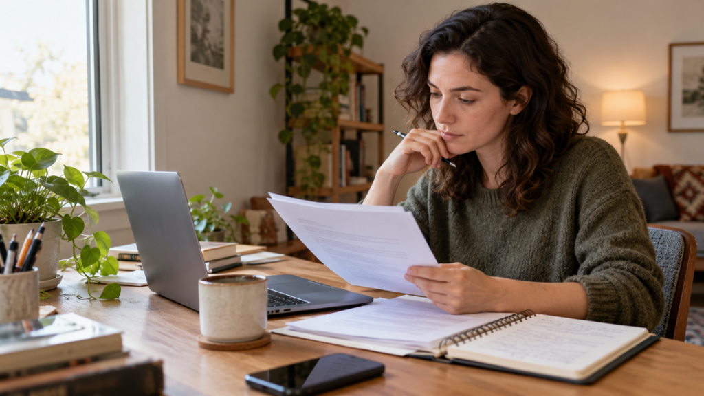A job seeker reviews a resume beside a laptop and notebook at home