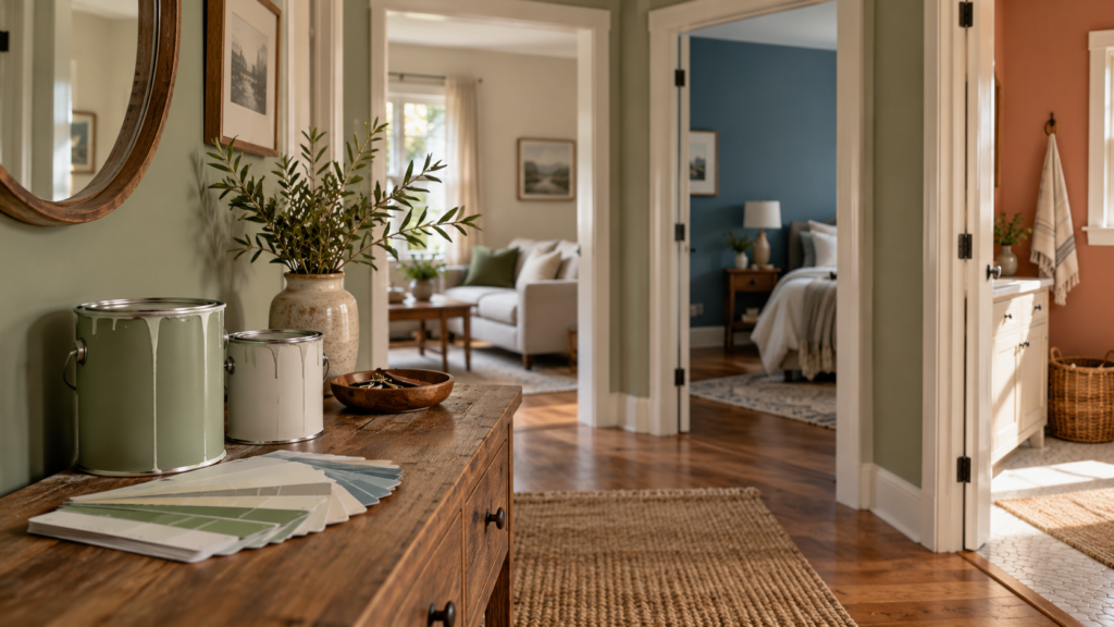 Paint cans and color swatches in a home with differently painted rooms
