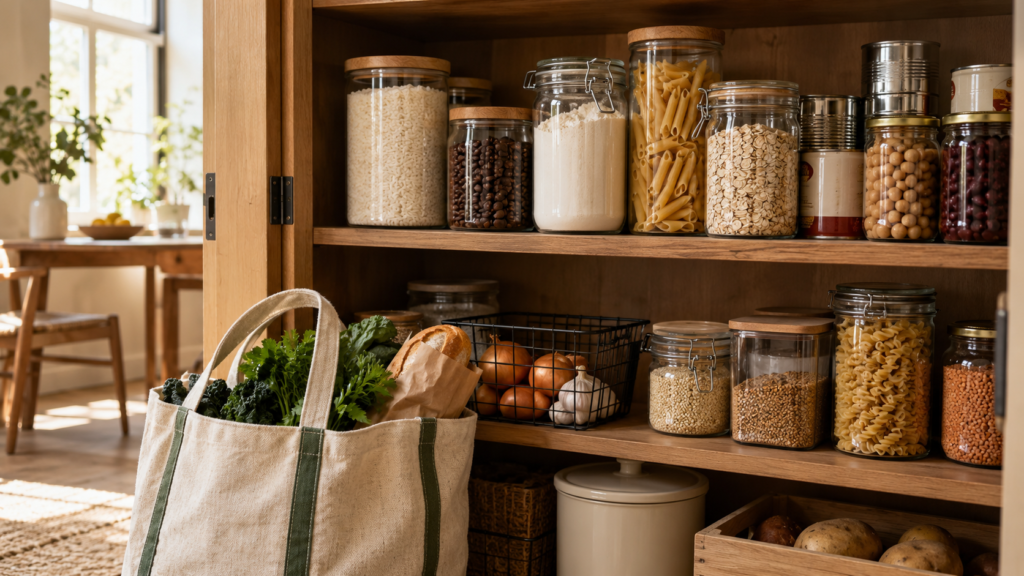 Pantry shelves with repeat staples and a reusable grocery bag
